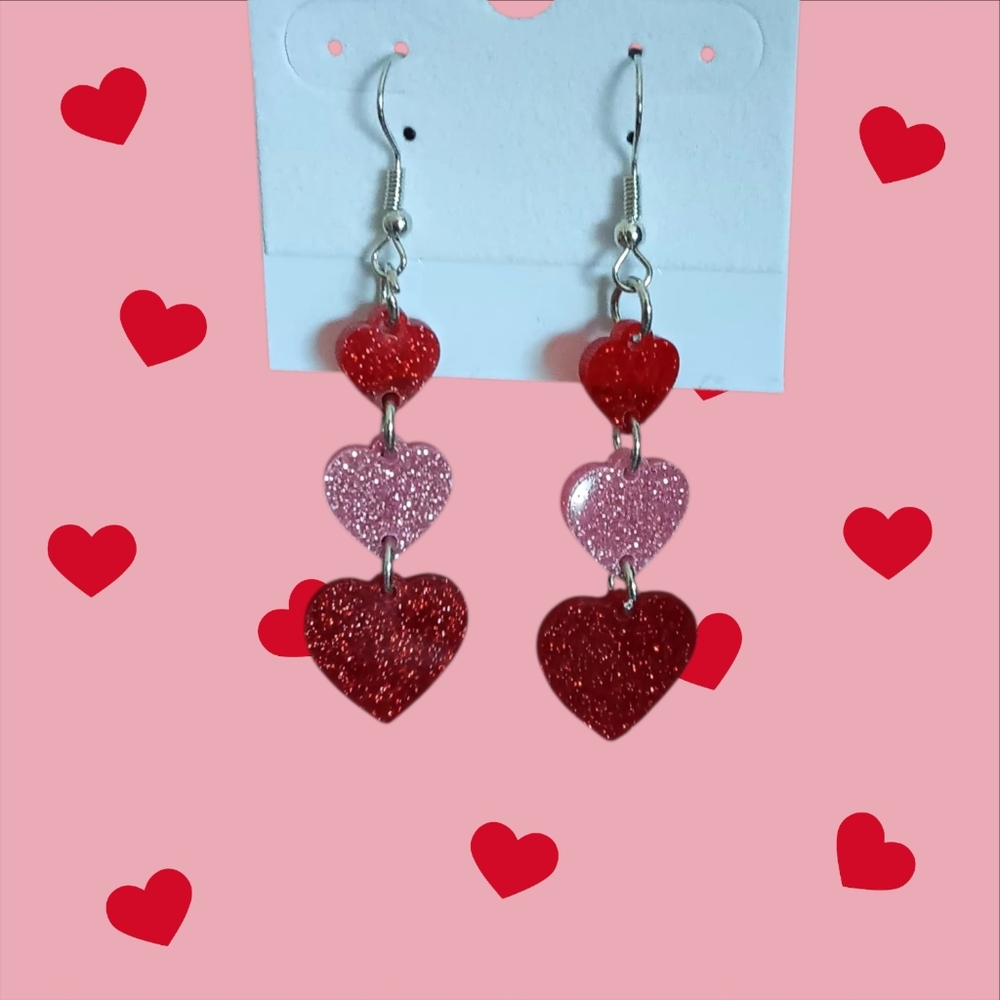 Sparkly Dangle Heart Earrings - Picture 2 of 3